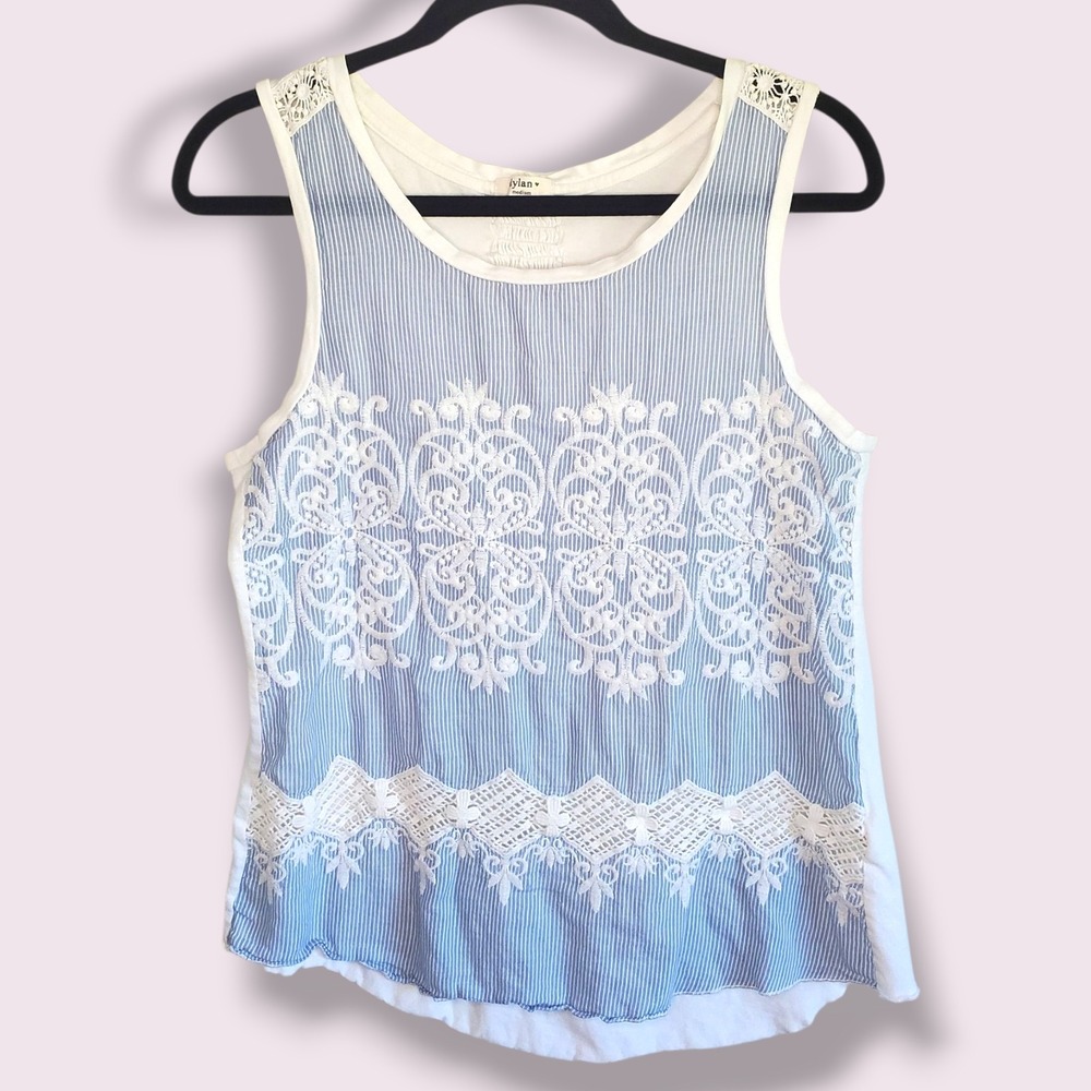 Dylan Women's Blue White Striped Lace Tank Top Size Medium